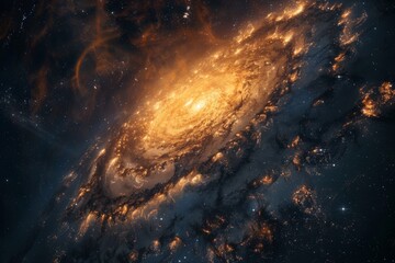 Spiral galaxy with golden glow in space