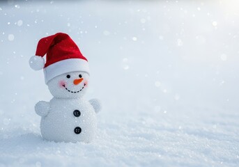 Fototapeta premium A cheerful winter snowman sculpture wearing a traditional red Santa hat and standing happily amidst fresh, fluffy white snow, symbolizing holiday cheer ,coal ,character ,january
