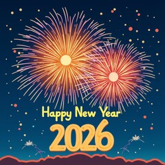 digital greeting card new year year 2020 background dark blue small white dots scattered throughout center two fireworks exploding different colors orange yellow pink fireworks shape sun bursting