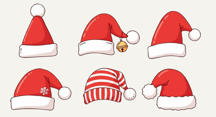 Various red Christmas hats in different styles and designs  