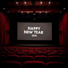 Obraz premium large screen middle movie theater red curtains either side screen displays text happy new year 2026 white capital letters theater has rows red seats facing screen ceiling covered spotlights overall