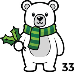 Obraz premium Cute cartoon polar bear wearing a green striped scarf and holding holly.