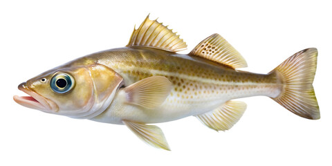 A side profile of a codfish, captured in a studio setting against a pure transparent background, highlighting its streamlined body and distinct markings