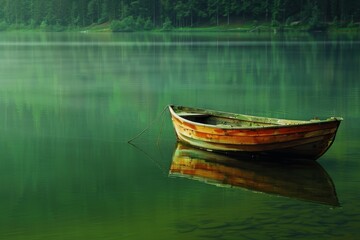 Obraz premium Boat in a quiet cove of a green lake