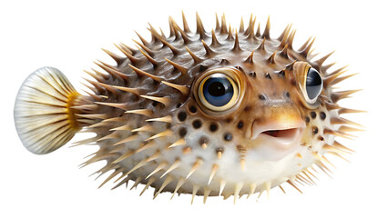 A side view of a spiky pufferfish with its mouth slightly open and eyes looking forward, isolated on a transparent background © MdWaliul