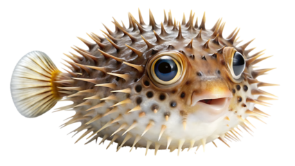 A side view of a spiky pufferfish with its mouth slightly open and eyes looking forward, isolated on a transparent background