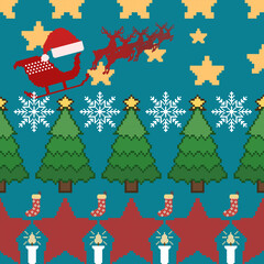 , Pixel Art Christmas Pattern, Seamless pixel art Christmas pattern featuring Santa Claus on a sleigh with reindeer, Christmas trees