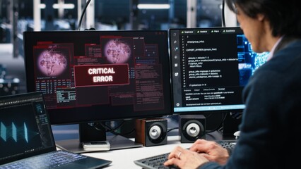 Team of engineers in data center struggles with malfunctions while using AI tools. Frustrated...