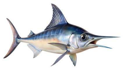 A majestic blue marlin fish, a powerful predator of the ocean, isolated on transparent background