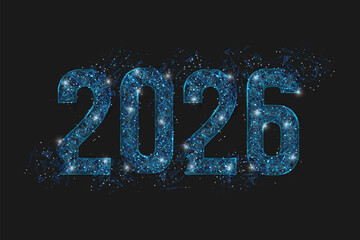 Abstract isolated blue image of new year number 2026. Polygonal low poly wireframe illustration looks like stars in the black night sky in space or flying glass shards. Digital web, internet design.