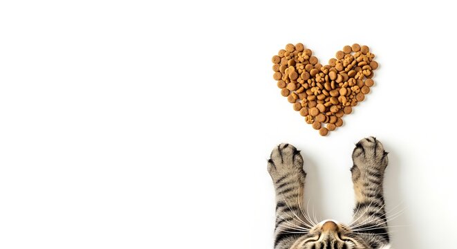 Small cat's paws and a brown kibble heart against bright background.