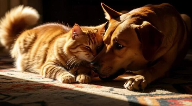 Gato e cachorro caramelo deitados trocando car&iacute;cias.