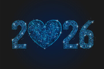 Abstract isolated blue image of new year number 2026. Polygonal low poly wireframe illustration looks like stars in the black night sky in space or flying glass shards. Digital web, internet design.