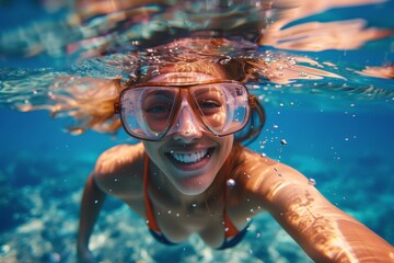 Naklejka premium Happy girl underwater with goggles, bubbly and bright
