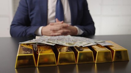 Successful rich man with gold and bitcoin money. Business success man gold bar, 4k. Golden bar. Golden bar vs dollar and bitcoin. Rich businessman has gold bitcoin and cash money. Financial success - Powered by Adobe