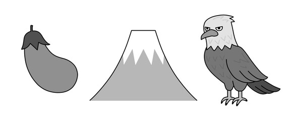 Monochrome Lucky Dream Icons Mt. Fuji, Hawk, and Eggplant