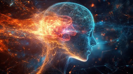 Abstract human head profile, energy brain, cosmic background, conceptual illustration