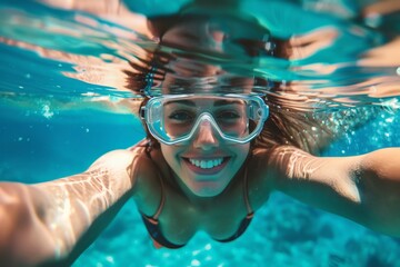 Fototapeta premium Happy girl underwater with goggles, bubbly and bright
