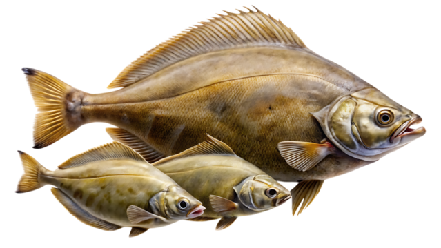 A large fish swims with two smaller fish, all isolated on a transparent background, showcasing their scales and fins in detail