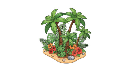 Tropical island paradise with palm trees and hibiscus flowers illustration