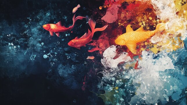 Abstract Koi Fish in Colorful Ink Splatters