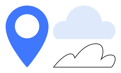 Blue location marker, solid blue cloud, and outlined black cloud. Ideal for navigation, travel, weather, data storage, internet connectivity and simplicity themes. Clean flat metaphor