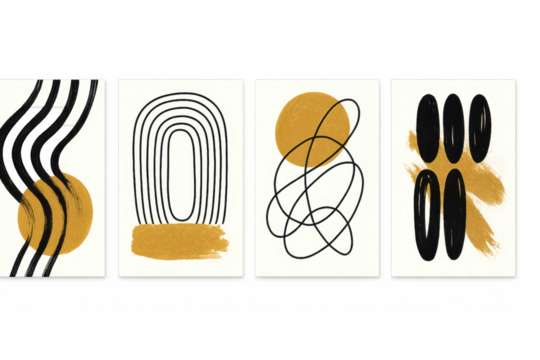 Abstract gold black art shapes brushstrokes set