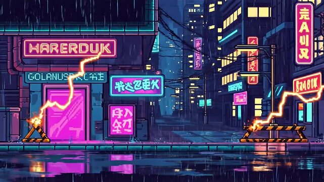 Digital city illustration, pixel art style with neon lights and lightning during a rainstorm