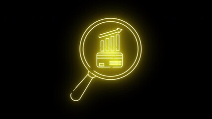 A yellow neon magnifying glass focuses on a bar graph over a credit card on a black background