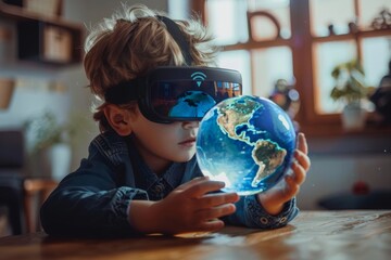Child virtual reality holding globe