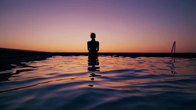 Sunset silhouette in tranquil water, Calm silhouette seated along infinity pool during sunset hours, Serene figure resting at edge of infinity pool against sunset with rippling reflections