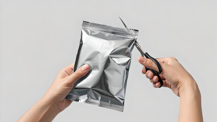 Hands Using Scissors to Cut Open a Blank Silver Foil Pouch