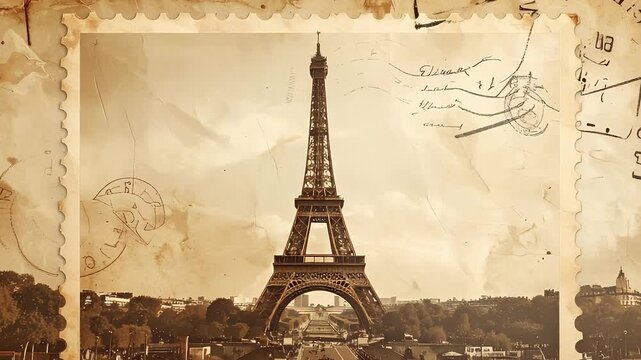 Vintage Eiffel Tower postcard. Sepia-toned Parisian landmark with aged paper texture, handwritten notes & postal marks, evoking timeless travel and romance.
