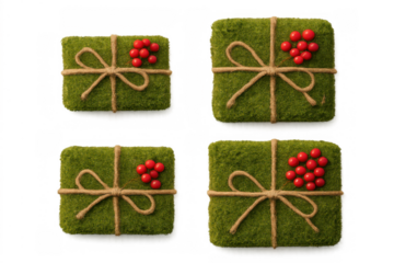 Green moss gifts with jute twine and red berries, symbolizing sustainable holidays and eco-friendly presents