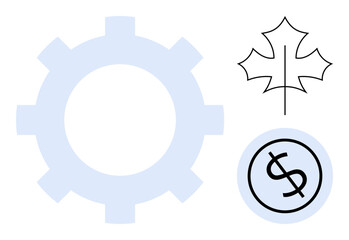 Gear element with a maple leaf and dollar sign. Ideal for innovation, sustainability, finance, automation, economy, policy, and eco-business, illustrating a simple flat metaphor