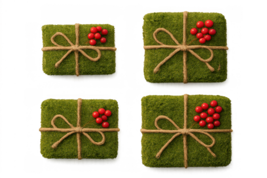 Green moss gifts with jute twine and red berries, symbolizing sustainable holidays and eco-friendly presents