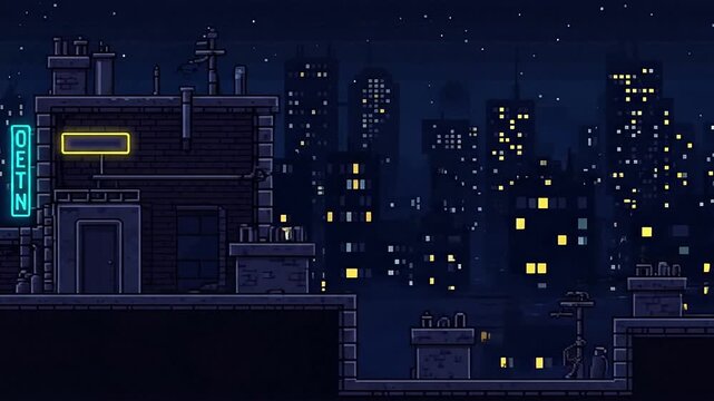 Animated pixel art cityscape at night, featuring a rooftop view with a glowing neon sign and a background of twinkling city lights