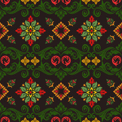 Floral Damask Pattern Vector in Red, Green, and Yellow on Dark Background, Seamless floral damask vector pattern in red, green, and yellow on a dark background. Elegant ornamental design perfect for t