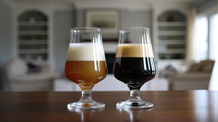 Two Distinct Beer Glasses on Wooden Table with Blurred Background in a Modern Living Space