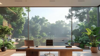 Modern office with panoramic lake and lush forest views. Sleek wooden desk, ergonomic chair, and vibrant potted plants create a serene, inspiring workspace.