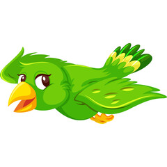 Cartoon green bird flying with yellow beak and tail feathers open wings happy expression isolated on transparent background