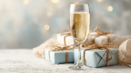 Elegant Champagne Glass with Bokeh Background and Beautifully Wrapped Gifts for Celebration or Holiday Occasion