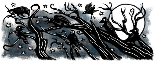 Digital Halloween illustration of ravens and crows perched on dark spooky gnarled tree branches. Moody color, black, gray, blue, white full moon,  scattered stars. Pencil drawing art and gothic style. © cabado