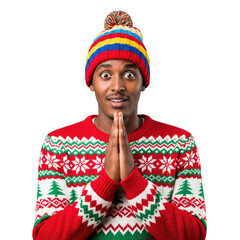 Young African American man in festive Christmas sweater and colorful beanie, hands clasped in a pleading or hopeful gesture, looking surprised on transparent background.