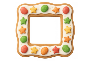 Gingerbread cookie frame decorating with colorful candy and icing, creating festive holiday border transparent background