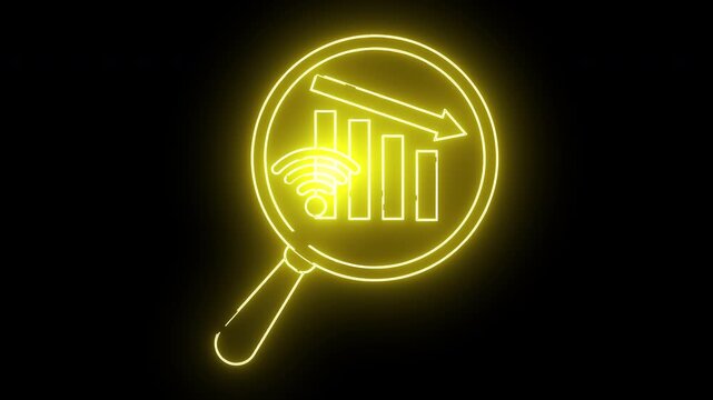 A glowing yellow line drawing of a magnifying glass over a bar graph decreasing arrow and WiFi symbol against a black background