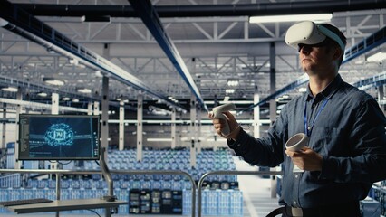 Data center system administrator uses virtual reality tech, improving AI rigs processing speed. Man in server farm wearing VR goggles to provide support for artificial intelligence workloads, camera A