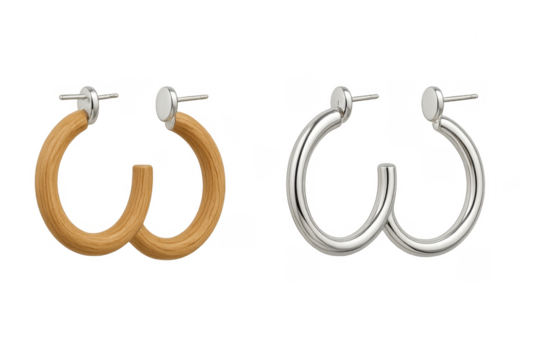 Wooden and silver hoop earrings on transparent background