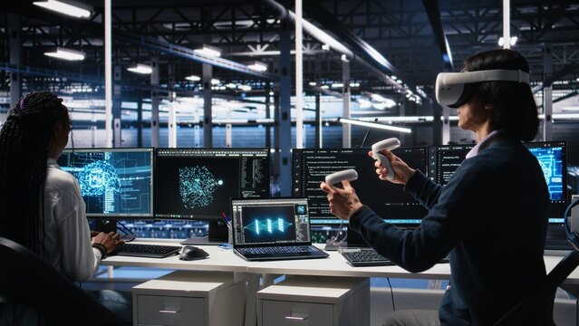 Data center engineer using virtual reality, working on neural network software development. IT expert in server room using VR equipment, implementing machine learning technology, camera A - Powered by Adobe