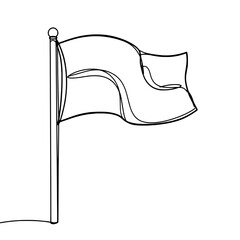 Flag waving in the wind with a flagpole in black and white line art
